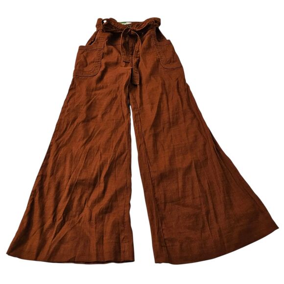 Anthropologie‎ Pants 28 Burnt Orange Linen Blend Wide Leg Tie Waist Boho Stretch - Picture 1 of 7